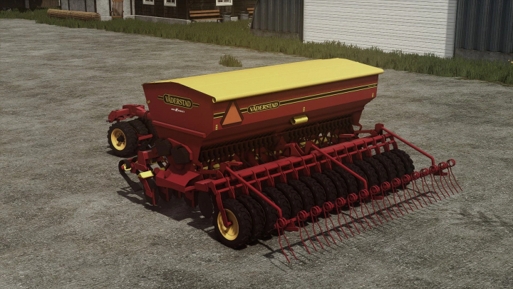 fs25-mods,  Väderstad Rapid 400C mod in FS25, showcasing red and yellow seeder on a farmyard.