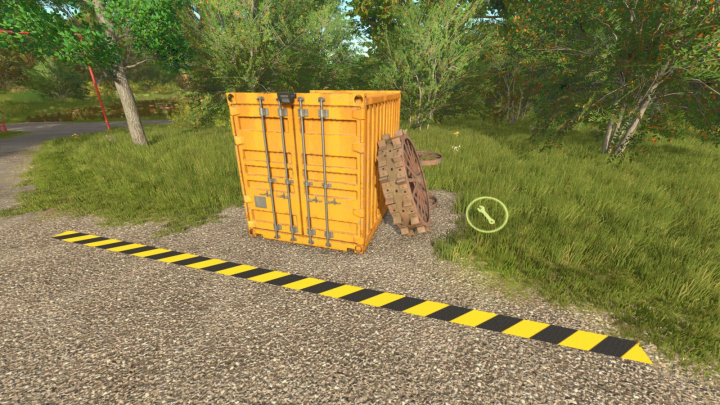 fs25-mods, Yellow container and workshop tools in FS25 Wheelie Great Workshop mod.