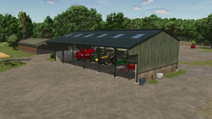 fs25-mods,  Wooden Shed v1.0.0.0 mod in FS25, showcasing farm equipment stored in an open wooden structure.