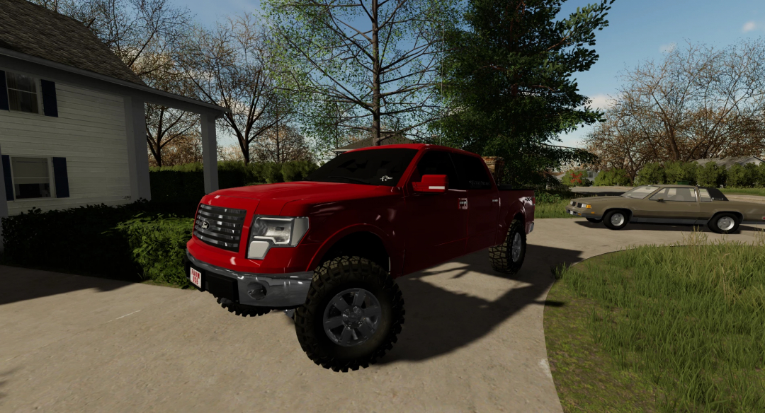 Red Ford F150 truck mod for Farming Simulator 22, parked in a residential driveway. FS22 mods.