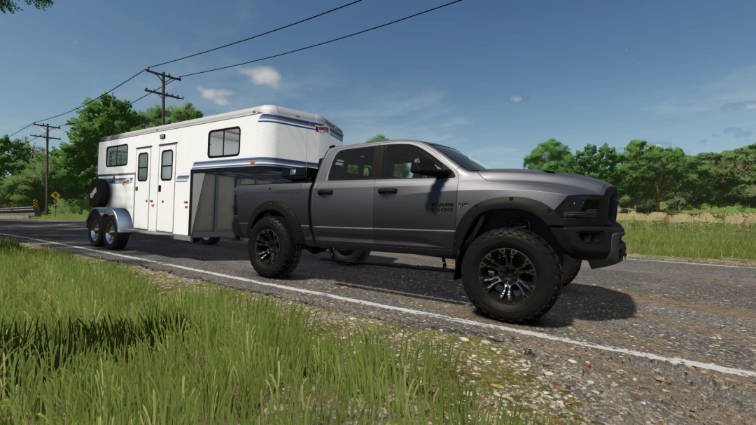 2016 Dodge Ram Rebel 1500 mod in FS25 pulling a trailer on a rural road.