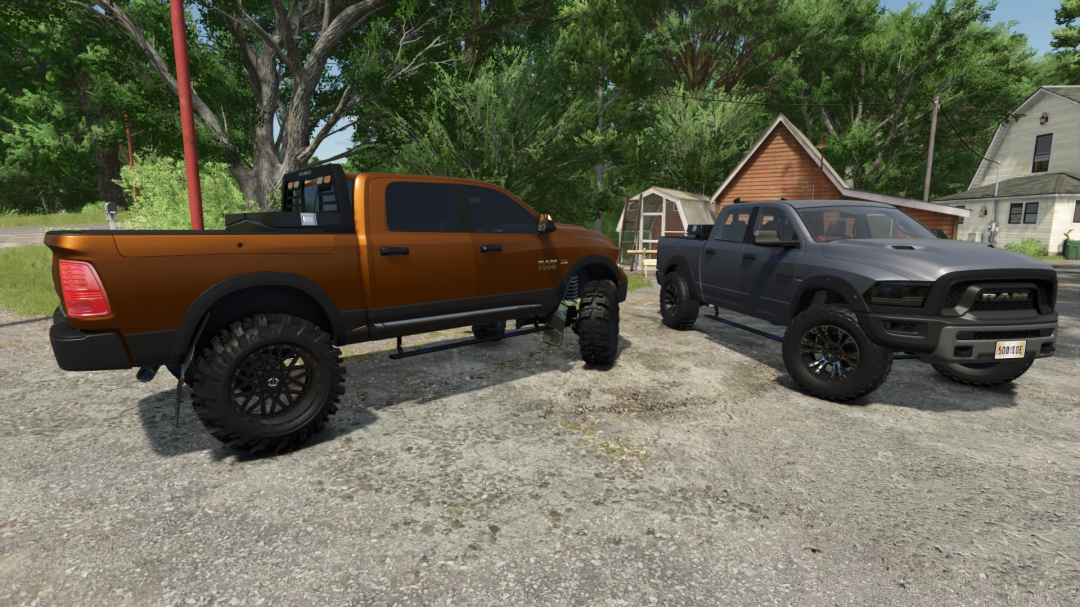 FS25 mod image of two Dodge Ram Rebel 1500 trucks in a rural setting.