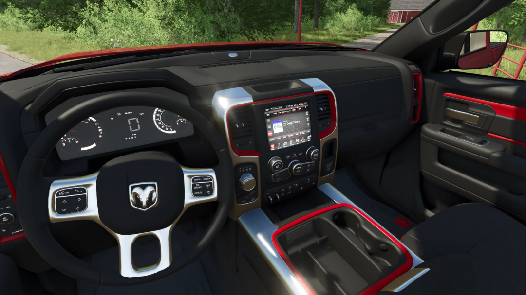 Interior of the 2016 Dodge Ram Rebel 1500 mod in Farming Simulator 25, showcasing dashboard and steering wheel design.