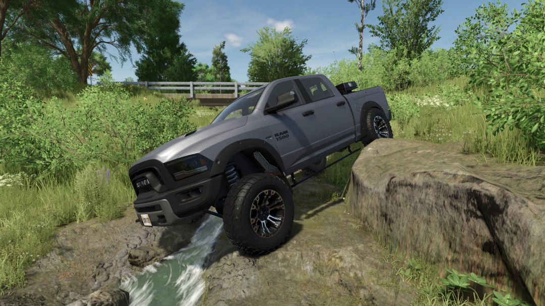 2016 Dodge Ram Rebel 1500 mod in FS25, off-roading over rocks and stream.