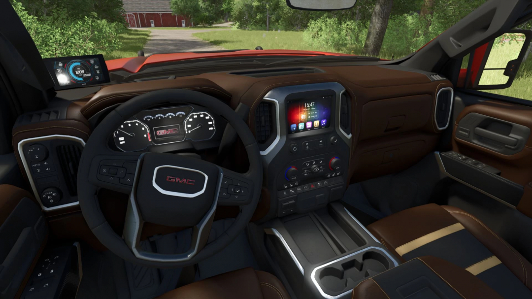 Interior view of 2020 GMC Denali AT4 mod in Farming Simulator 25, showcasing dashboard and steering features. FS25 mods enhance realism.