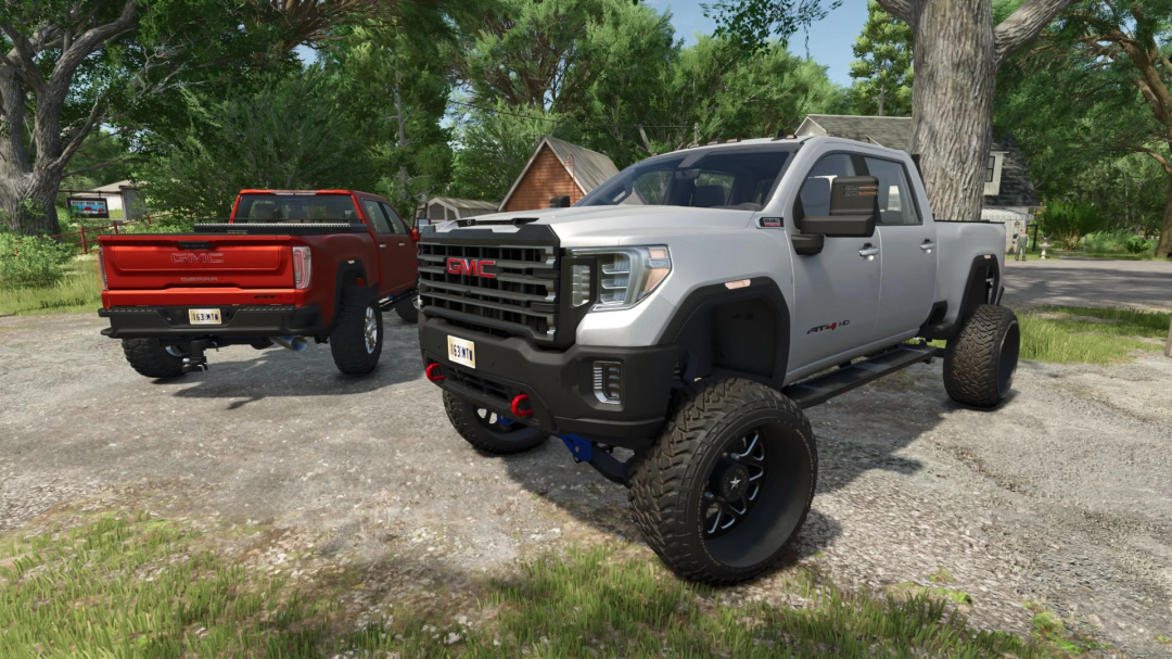 FS25 mod featuring a 2020 GMC Denali AT4 truck parked outdoors, showcasing off-road capabilities in Farming Simulator 25.