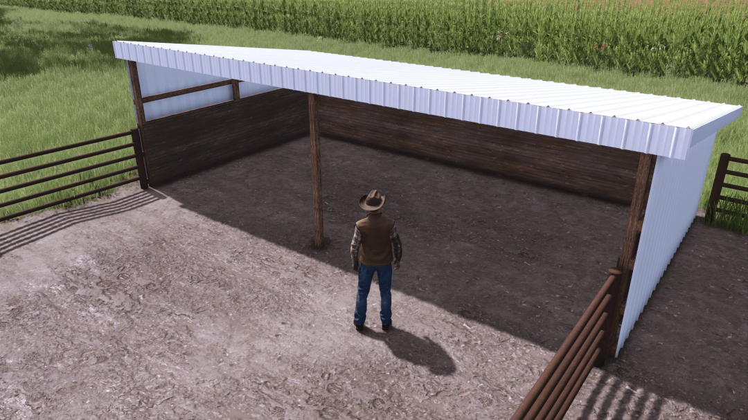 FS25 mods: 30x16 Calf Shelter in Farming Simulator 25, showing a wooden structure in a field.