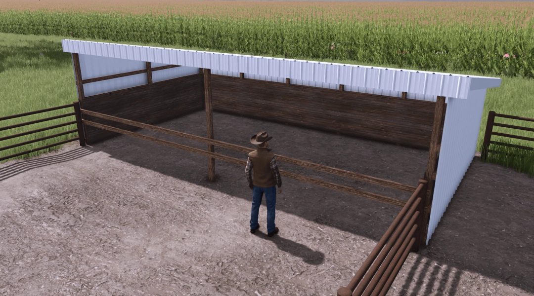 FS25 mod 30x16 Calf Shelter, showing a farmer beside a wooden and metal structure on a farm.