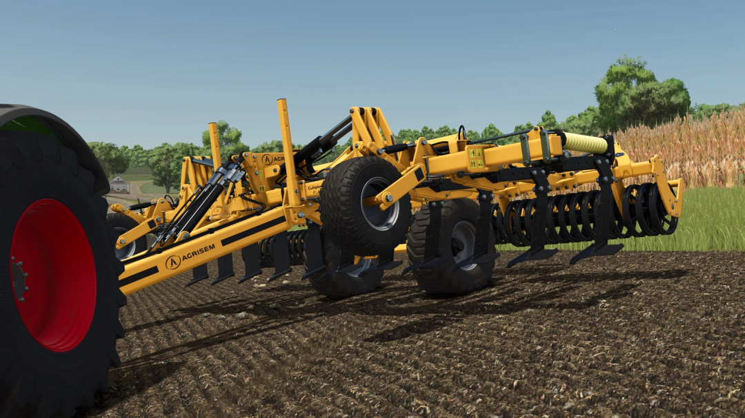 Agrisem Cultiplow Platinum in Farming Simulator 25 mod, showcasing detailed yellow cultivator on tilled field.