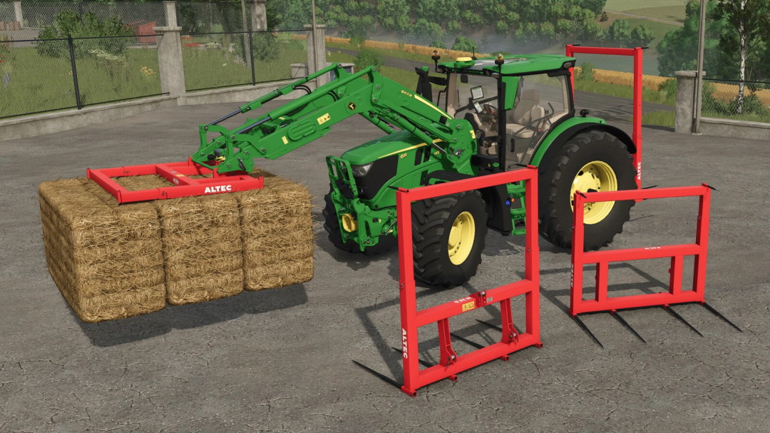 FS25 mod Altec M 20 D v1.0.0.0 shows a green tractor lifting hay bales with a red attachment.