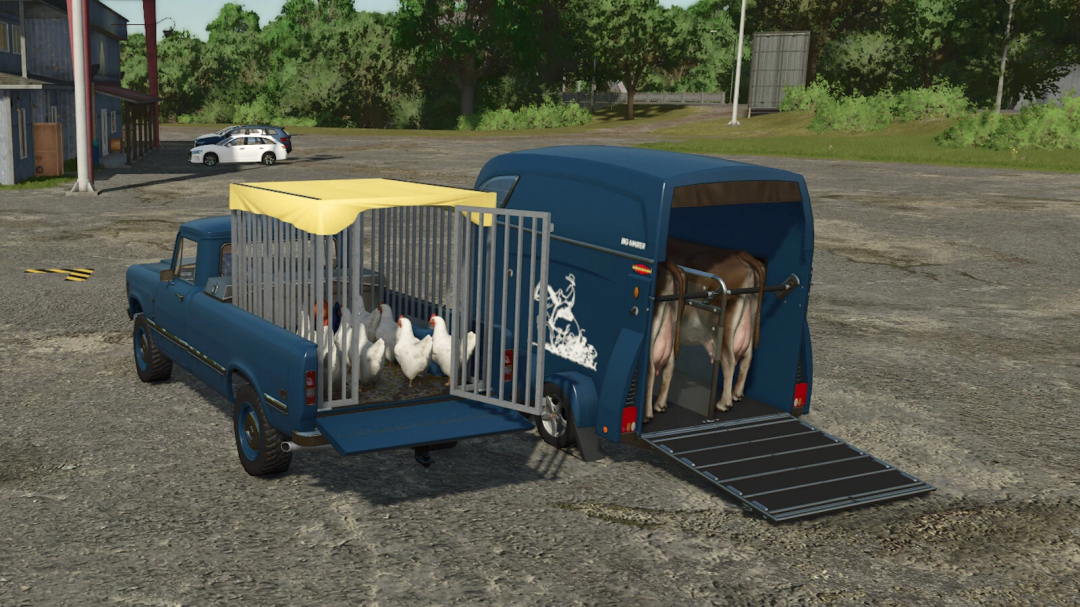 FS25 mod Animal Transports v1.0.0.0 showing a truck with cages carrying cows and chickens.