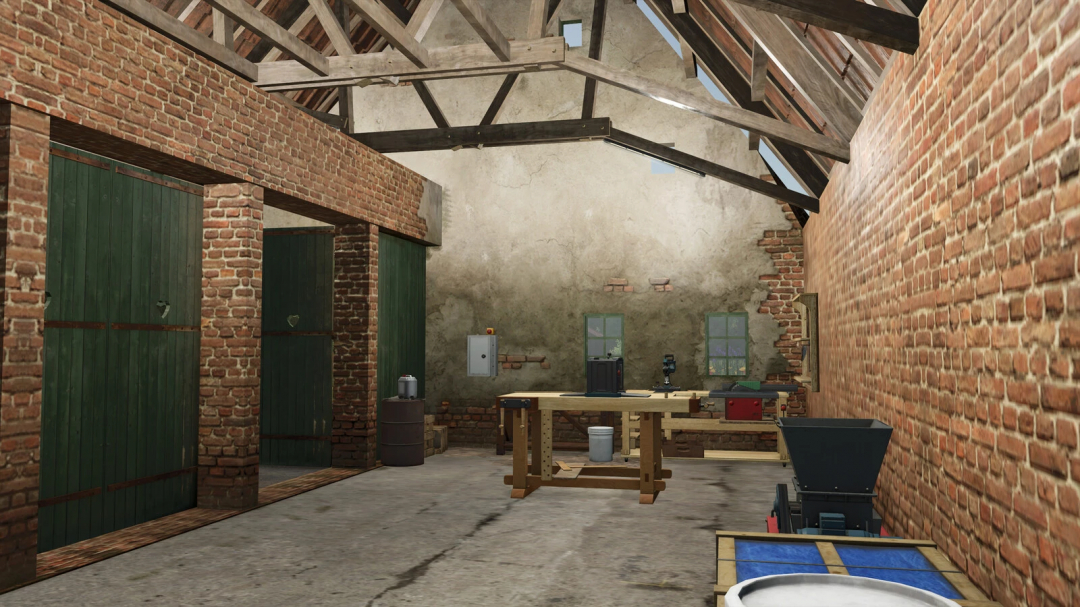 FS25 mod Attic v1.0.0.0: Rustic brick attic with wooden beams, green doors, windows, and a workbench. Enhances Farming Simulator 25 gameplay.