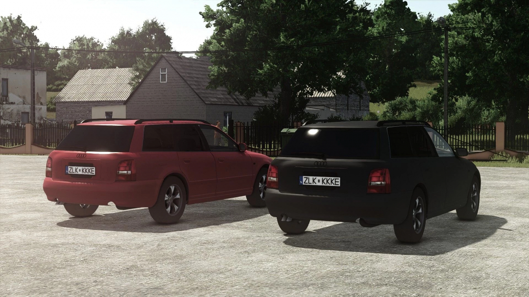 FS25 mods: Two Audi A4 B5 cars parked in a rural area, featured in Farming Simulator 25 mod.