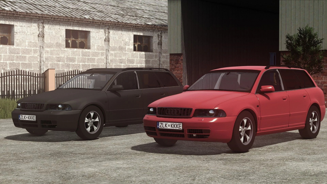 FS25 mod Audi A4 B5 v1.0.0.0 showcased with black and red cars parked beside a barn.