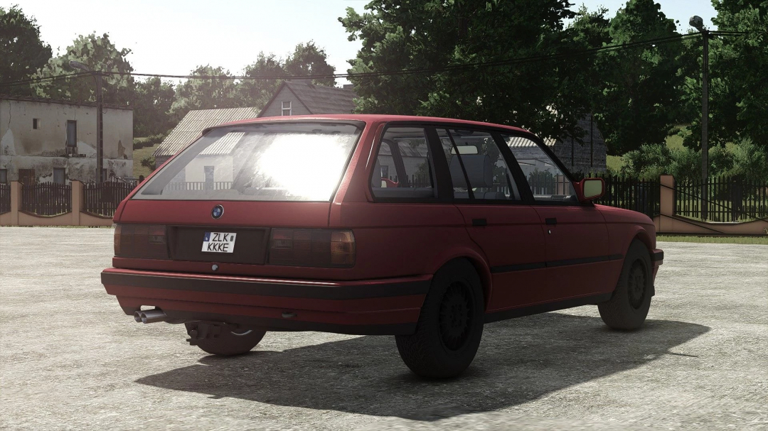 Rear view of BMW E30 Touring mod in FS25, showcasing a red car in a rural setting. FS25 mods add realism to Farming Simulator 25.