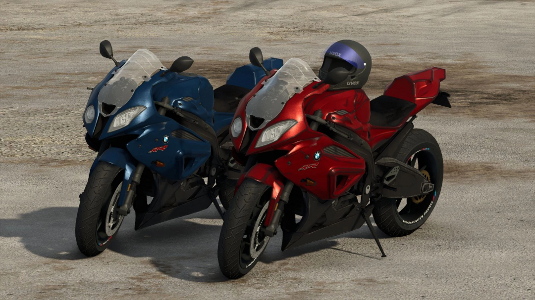 FS25 mods BMW S 1000 RR motorcycle in blue and red, parked in Farming Simulator 25