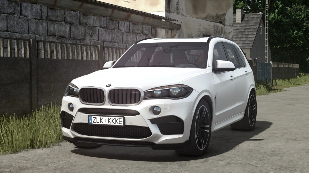 BMW X5M mod for FS25 parked on a rural road.