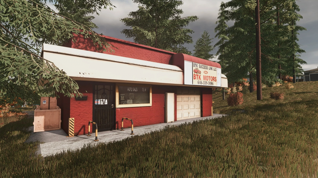 BTK Motors mod in FS25, showcasing a small auto sales building with trees in the background.