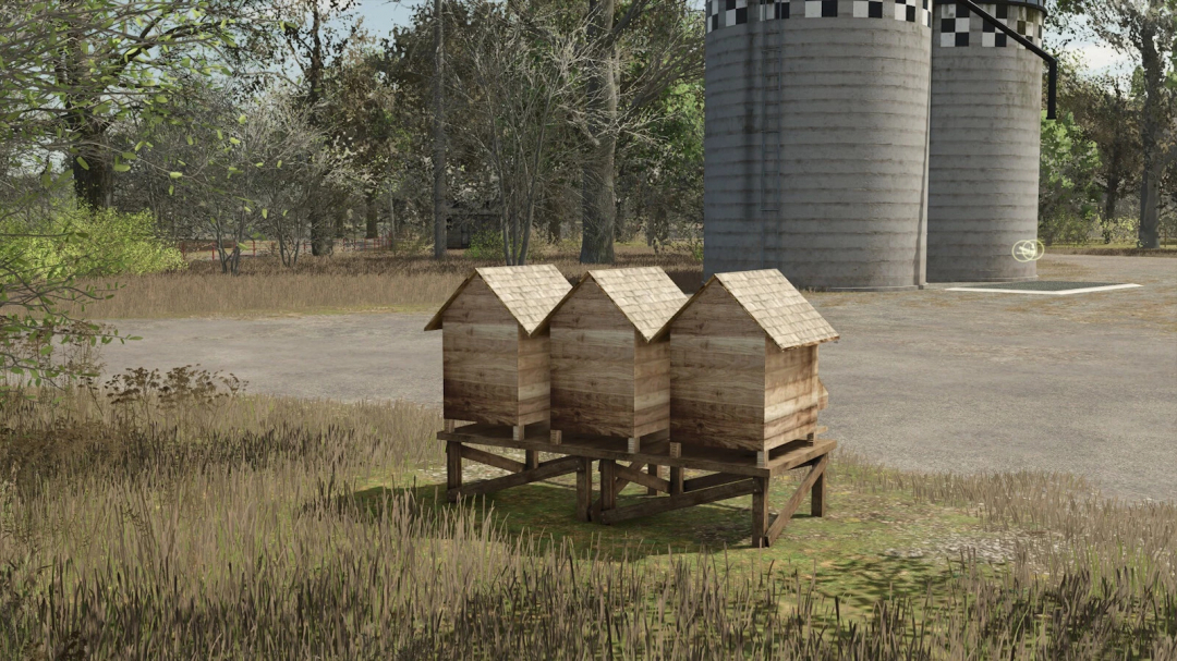 FS25 mod Beehive With 3 Large Frames v1.0.0.0 near silos in Farming Simulator 25