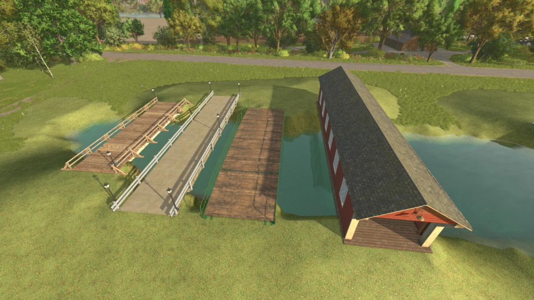 Bridge Pack v1.0.0.0 mod in FS25, showing various bridge designs over water.