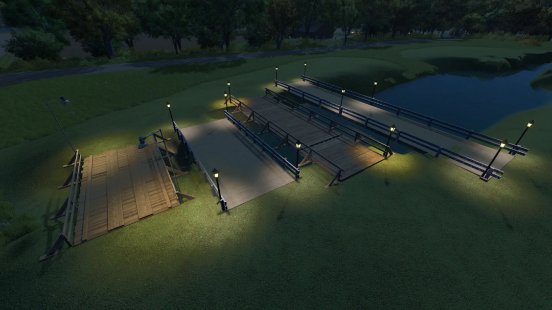 FS25 Bridge Pack mod showcasing illuminated wooden bridges over water at night.