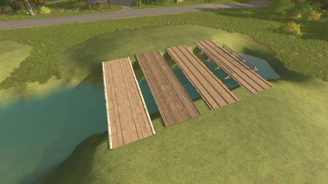 Wooden bridges over a stream in FS25 Bridge Pack v1.0.0.0 mod for Farming Simulator 25.