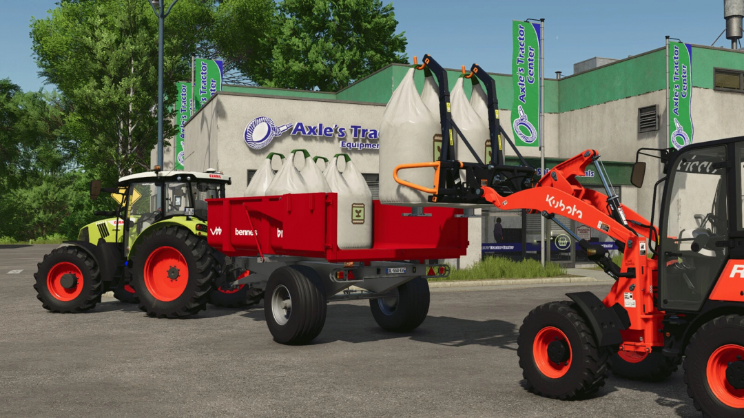 FS25 mod Brimont BB Pack v1.0.0.0 showing tractor loading bags onto trailer at Axle's Tractor Center.