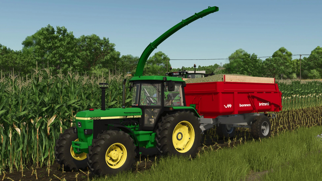 FS25 mod Brimont BB Pack v1.0.0.0 with John Deere tractor and red Brimont trailer in cornfield.