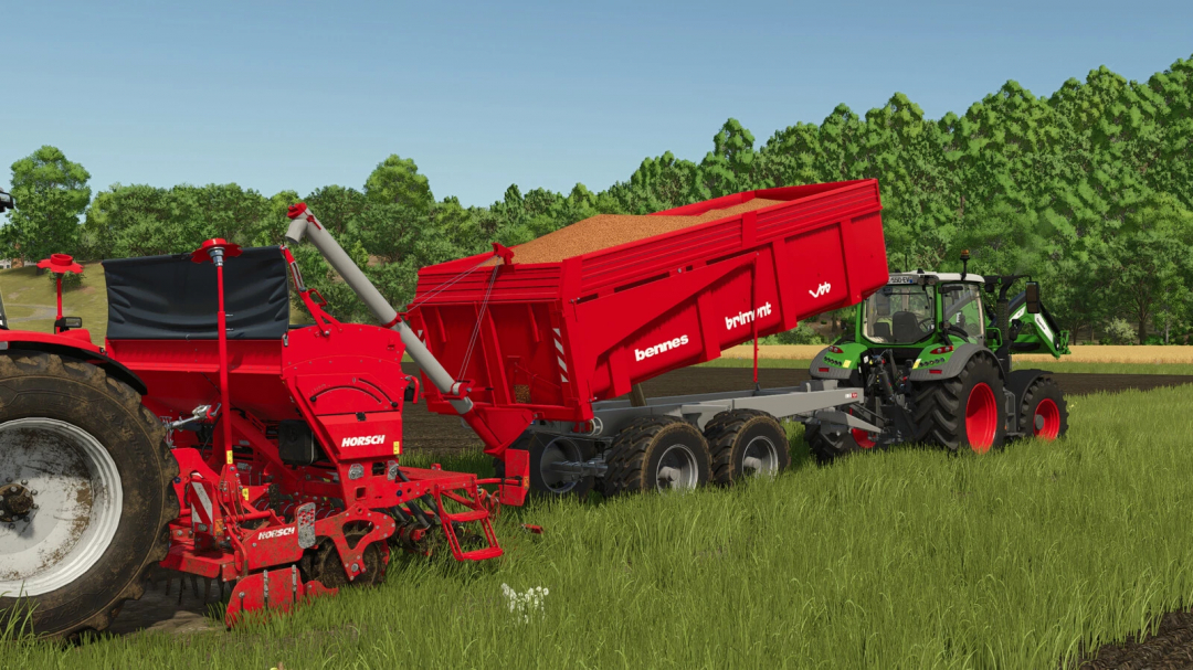 FS25 mod image showcasing Brimont BB trailer in a field, attached to a tractor.