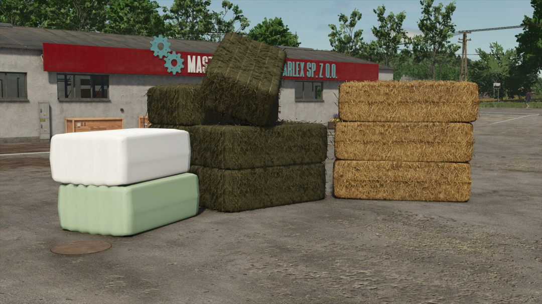 Buyable square bales 120x70 in FS25 mod, stacked outside a building.