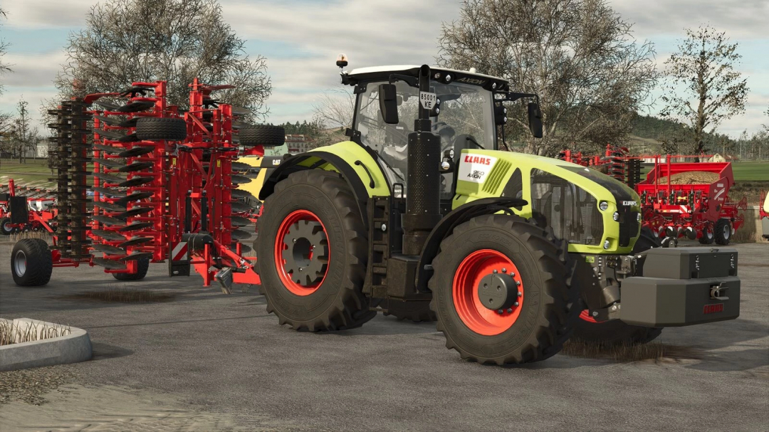 CLAAS AXION 920-960 tractor mod in Farming Simulator 25 with red agricultural equipment in the background.