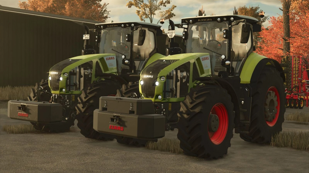 CLAAS AXION 920-960 tractors in FS25 mod showcase, detailed graphic, set against autumn backdrop.