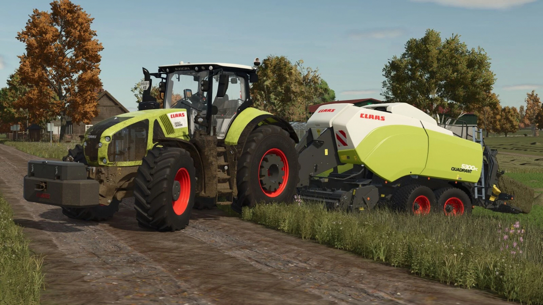 CLAAS AXION 920-960 tractor in FS25 mod, shown with hay baler on dirt path. Farming Simulator 25 mod.