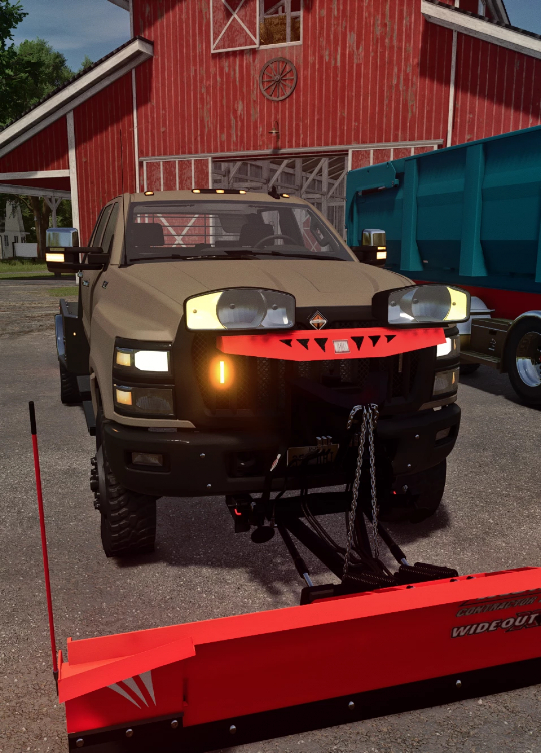 CV Edit mod for FS25 showing a heavy-duty truck with snow plow attachment, parked in front of a red barn.