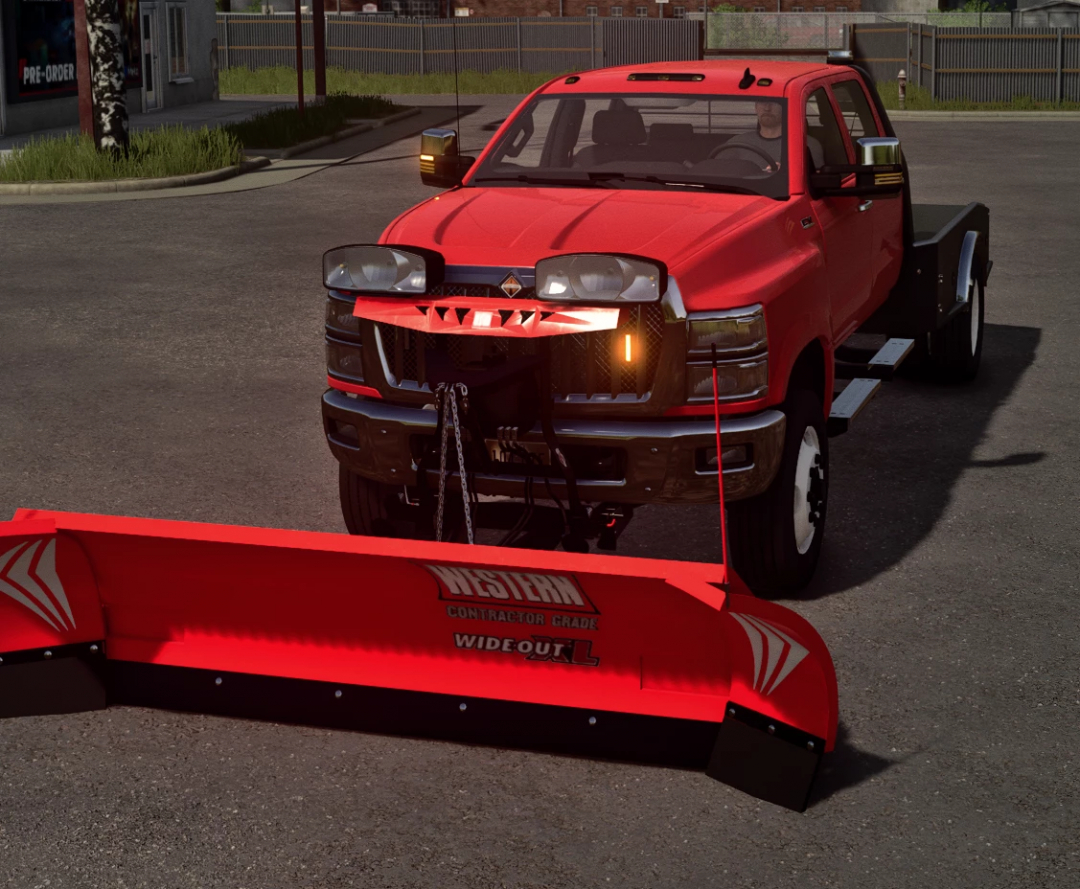 Red pickup truck with snowplow attachment, featured in FS25 mod CV Edit v1.0.0.0.