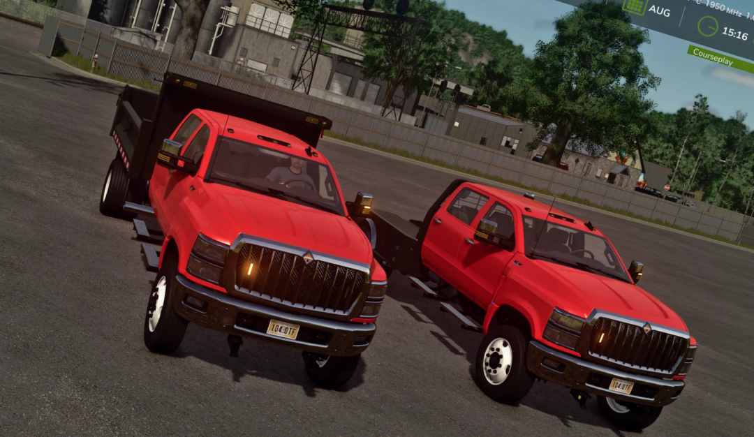 Red trucks in Farming Simulator 25 mod CV Edit v1.0.0.0 showcasing detailed vehicle textures.