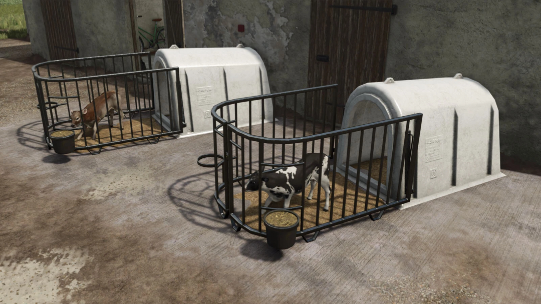 FS25 mod Calf Iglu v1.0.0.0 showing calves in enclosures with igloo shelters.