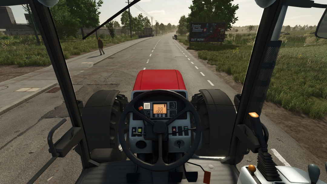 Inside view of Case IH MX150 tractor mod in FS25 showing dashboard and road ahead.