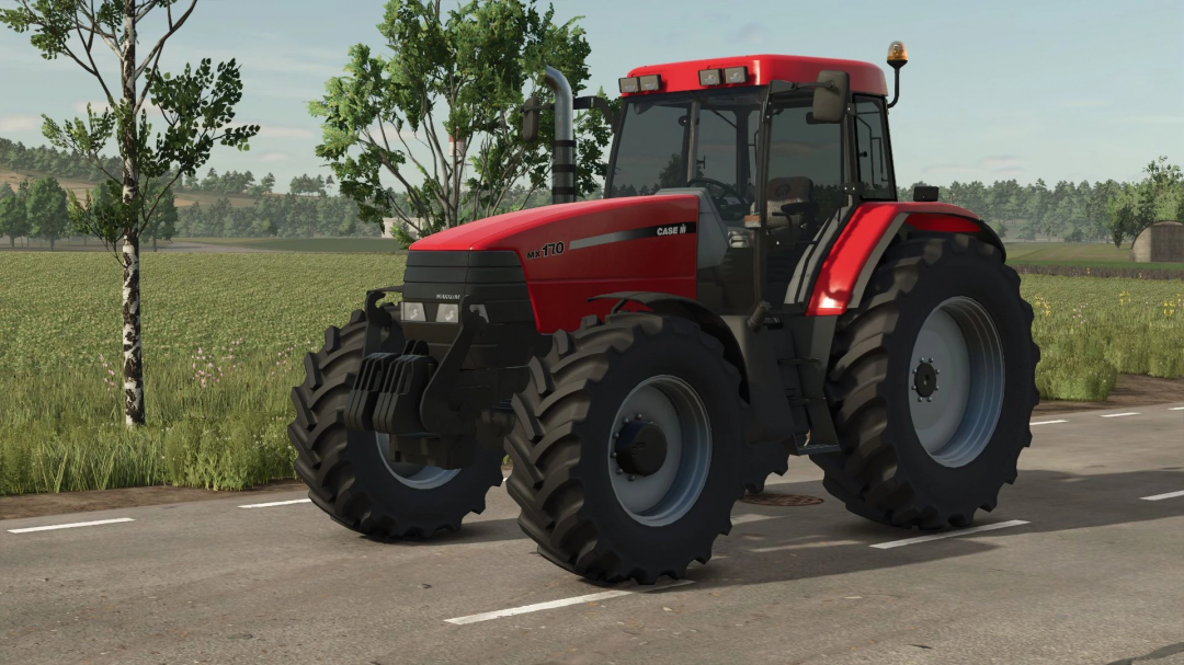 FS25 mods image showing Case IH MX150 tractor on a road in Farming Simulator 25.