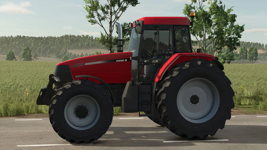 Case IH MX150 tractor mod in FS25 shown on a road near fields.