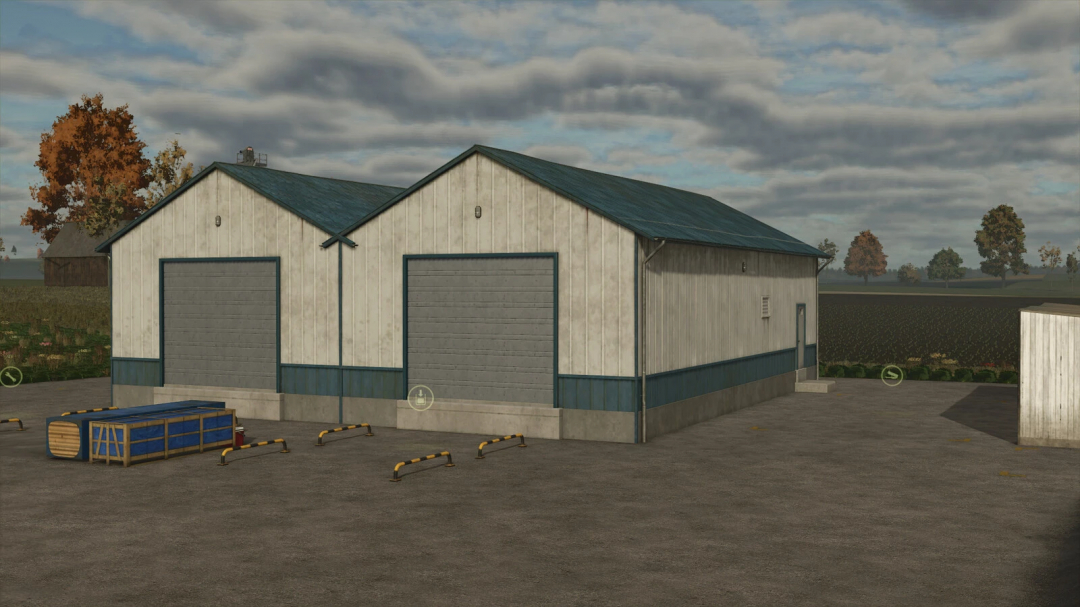 Central Warehouse in FS25 mod, featuring a large storage building with blue trim and farm fields in the background.