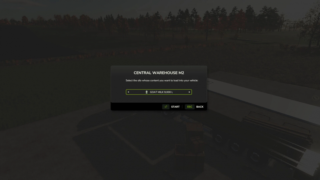 FS25 Central Warehouse M2 interface showing goat milk loading option.