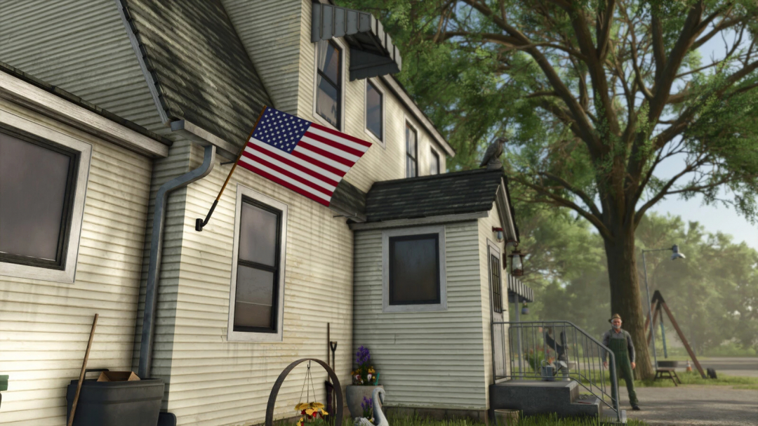 FS25 mods: American flag on house wall in Farming Simulator 25 Country Flags mod, v1.0.0.0.