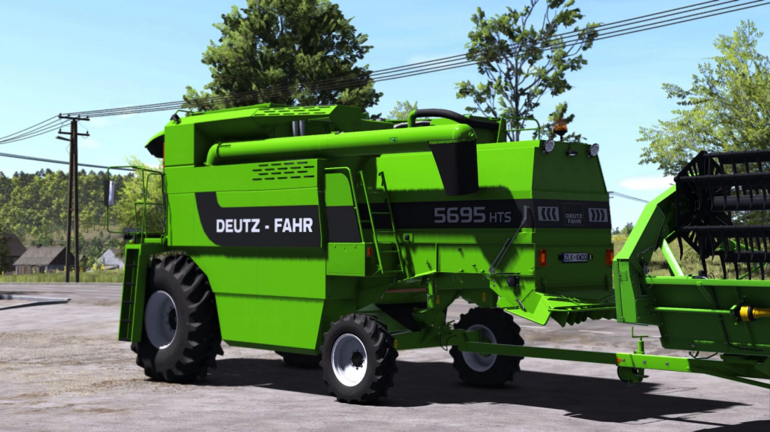 Deutz Fahr 5695 HTS mod in FS25, showcasing vibrant green design and agricultural machinery features.