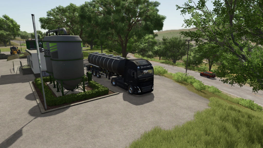 FS25 mod Diesel Production station with large tanker truck parked beside industrial facility.