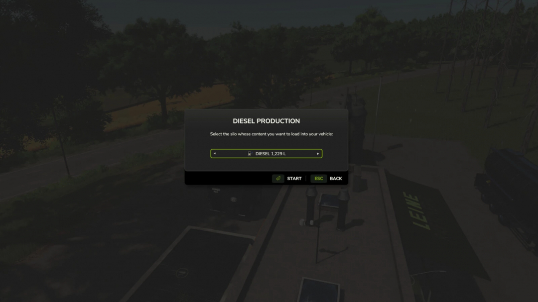 Diesel Production menu in FS25 mod showing 1,229 liters available for vehicle loading.