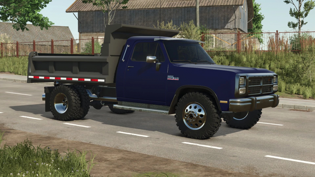 Dodge RAM 3500 Dump Truck mod for FS25, showcasing a blue truck on a rural road.