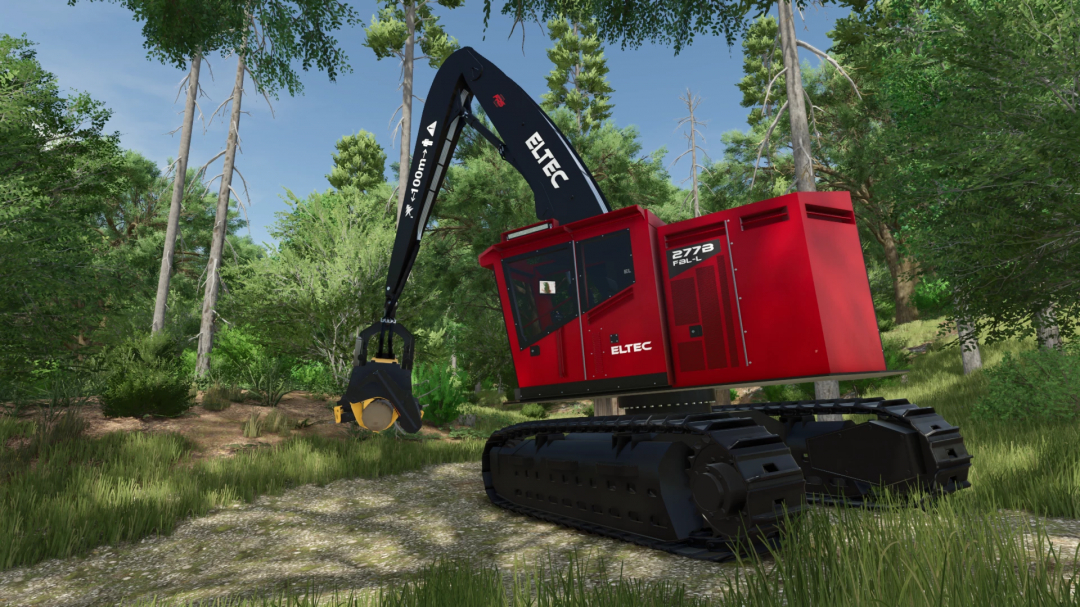 Eltec FH 277B forestry machine mod in FS25 set in a lush forest environment.