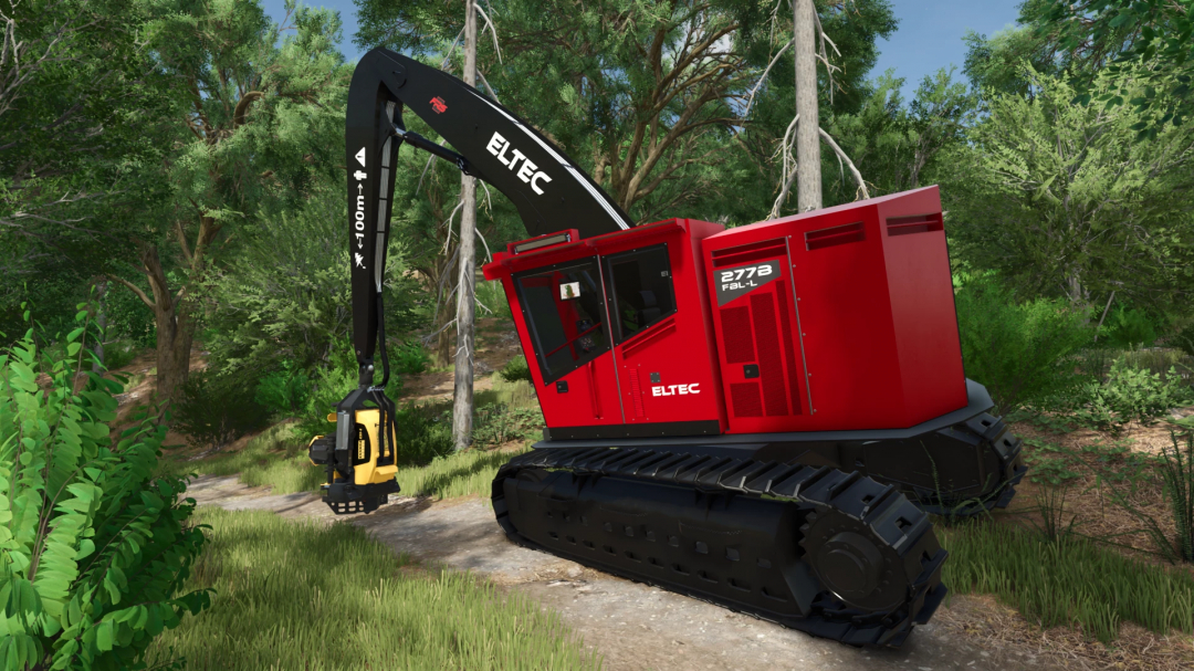 Eltec FH 277B mod in FS25 game, red forestry vehicle in lush forest