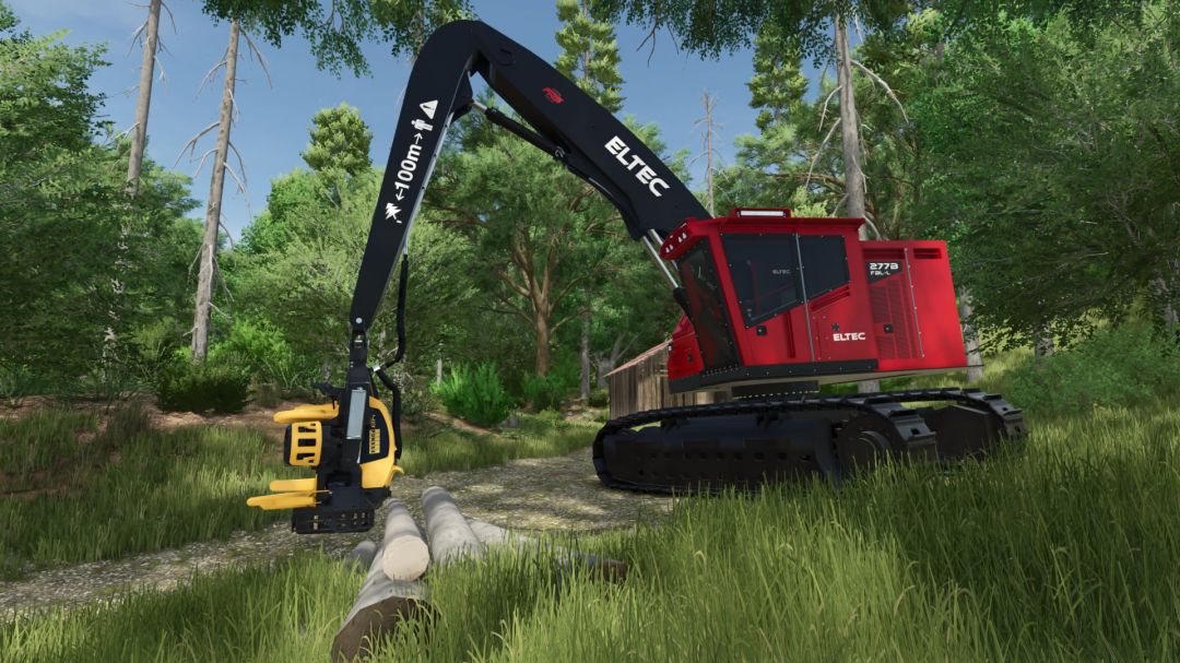 Eltec FH 277B mod in FS25, depicted harvesting logs in a lush forest setting.